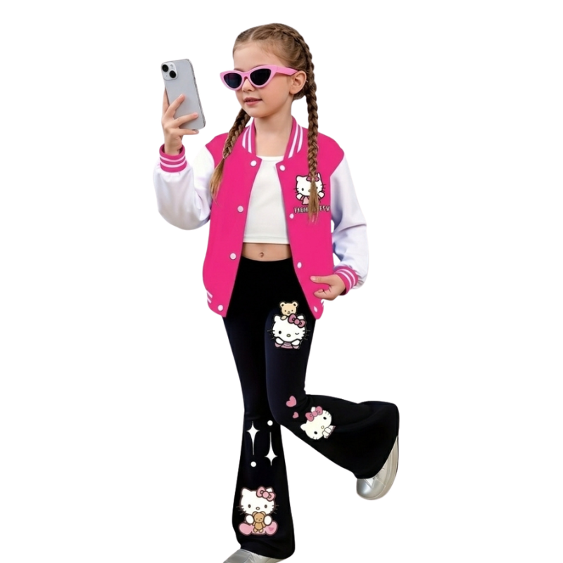 Hello Kitty Cartoon Print Jacket And Flared Pants 2 Piece Set For Girls