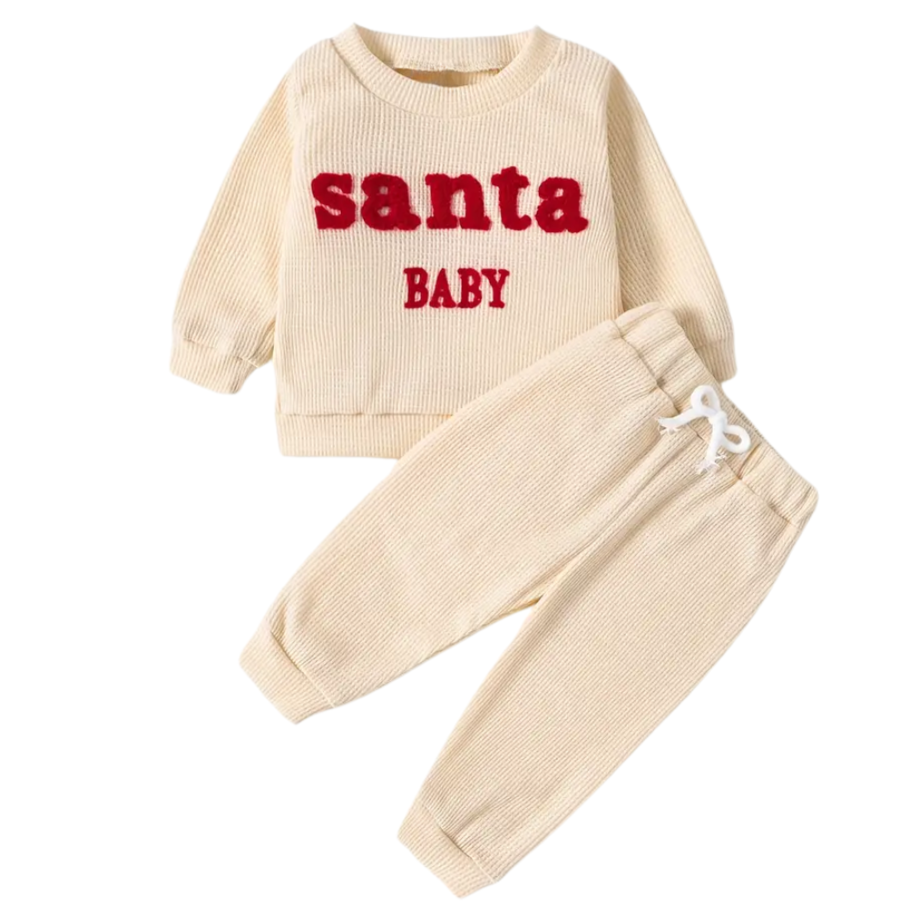 2 Piece Of Christmas Santa Baby Waffle Embroidered Top and Pants Set