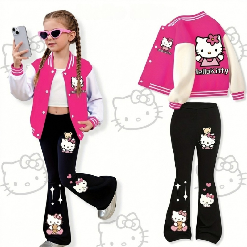 Hello Kitty Cartoon Print Jacket And Flared Pants 2 Piece Set For Girls
