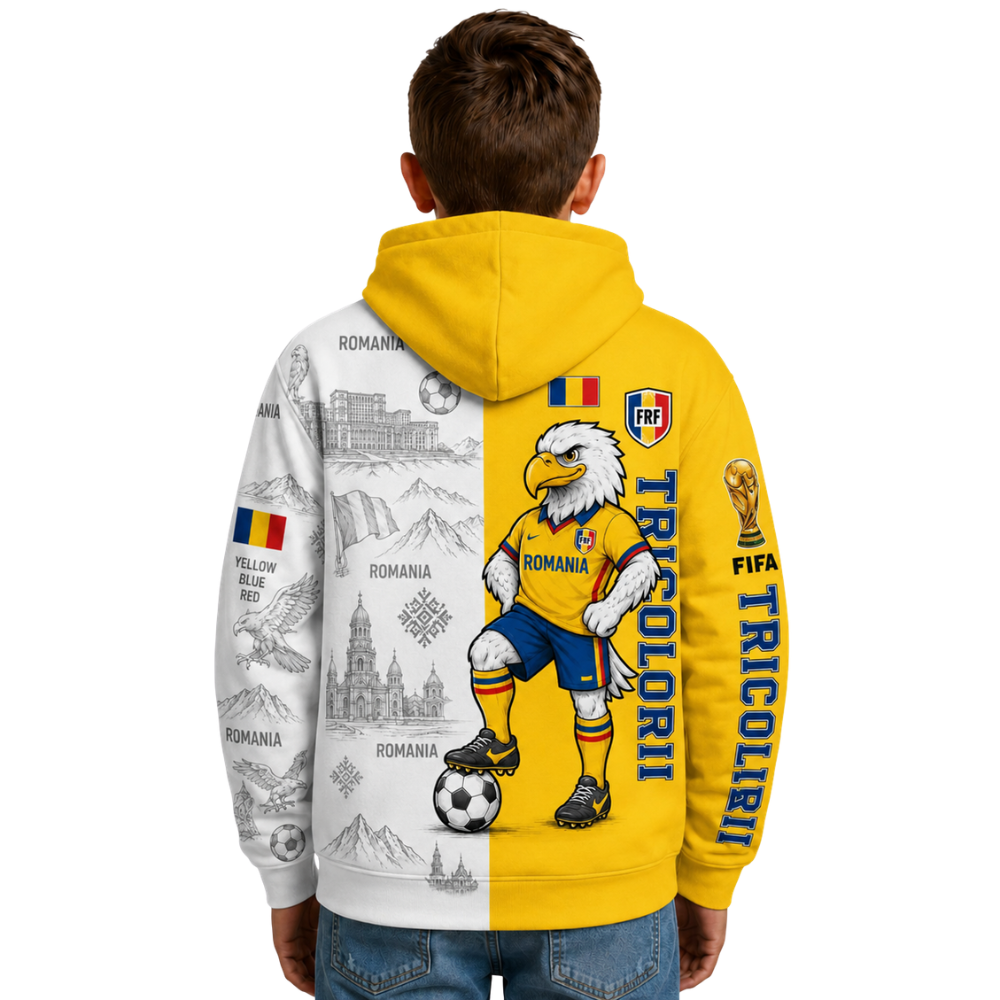 FIFA 2026 Romania Football Themed All Over Printed Hoodie For Kids