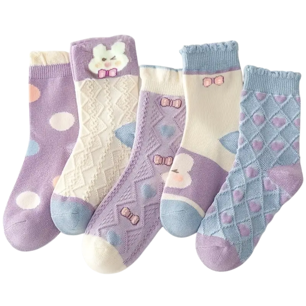 5 Pairs Of Polka Dot Rabbit Crew Socks For Girls