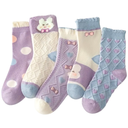 5 Pairs Of Polka Dot Rabbit Crew Socks For Girls