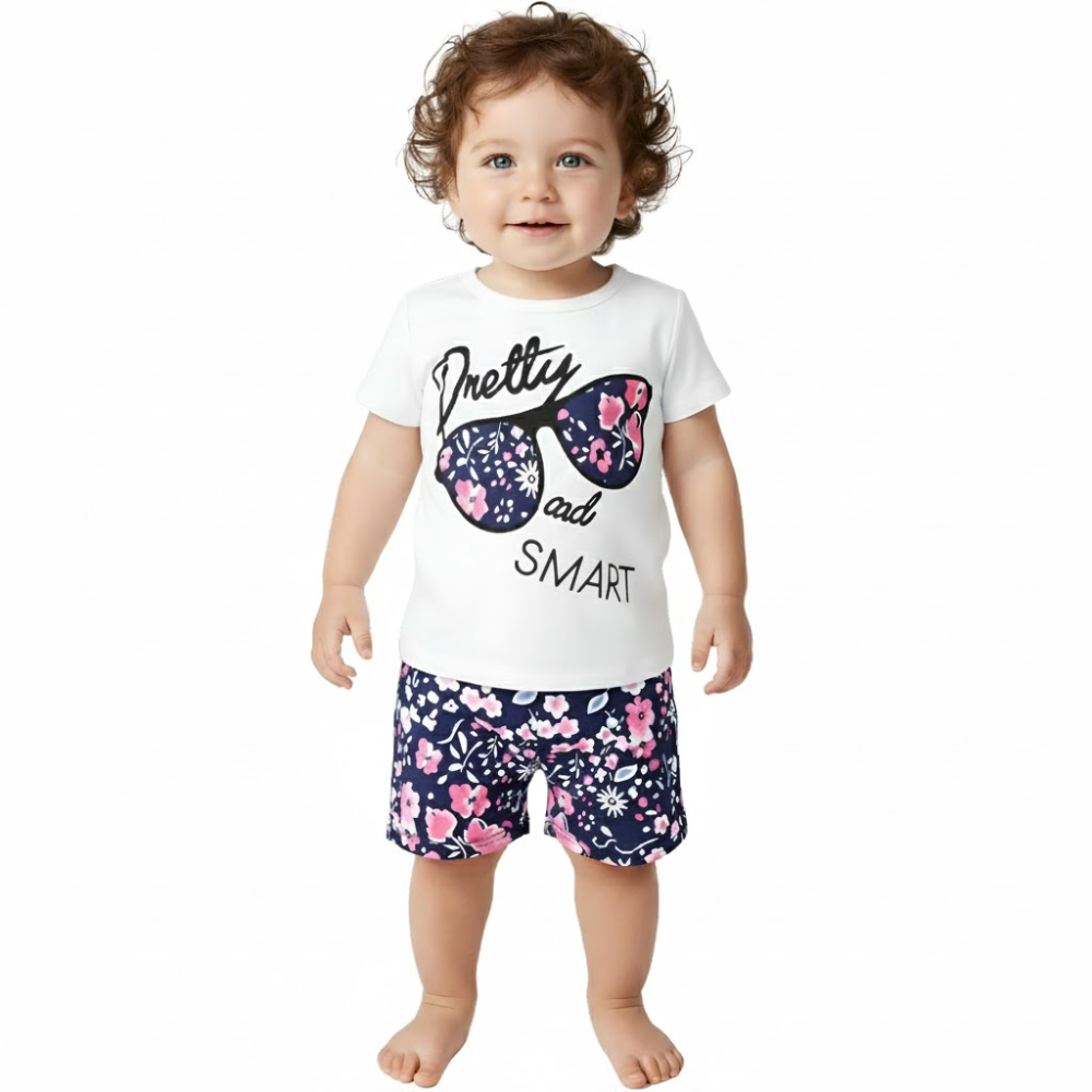 Cartoon Print Round Neck Top and Floral Shorts Two Piece Set For Girl 