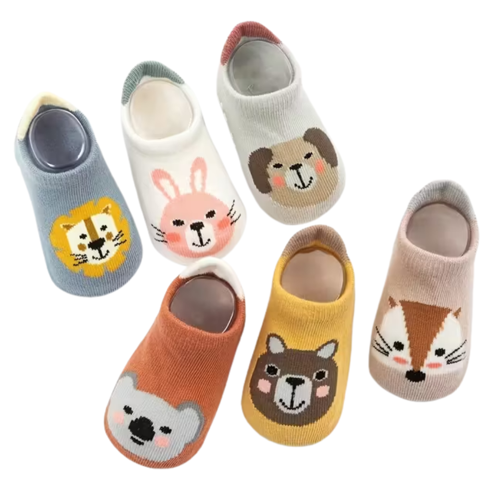 6 Pairs Of Cartoon Animal Pattern Non Slip Socks For Kids
