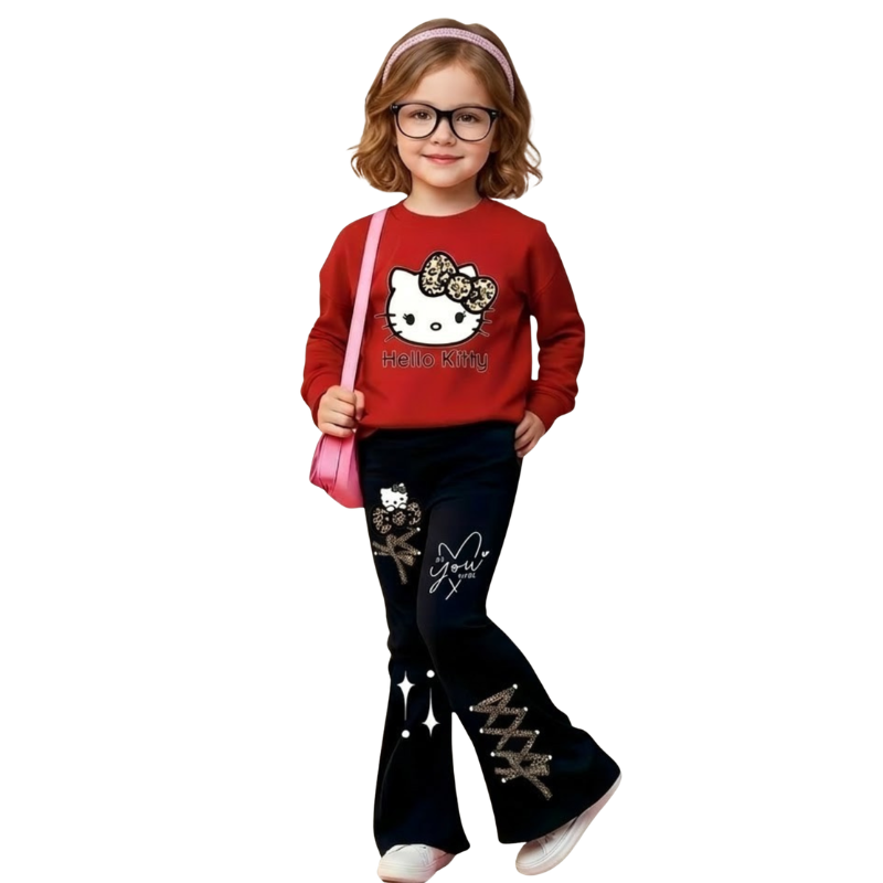 Hello Kitty Design Sweatshirt And Flared Pants Casual Set For Girls