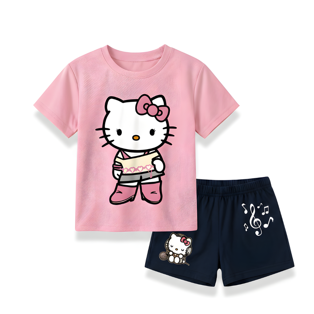 Hello Kitty Graphic Themed Mesh T Shirt And Shorts Outfit Set For Girls