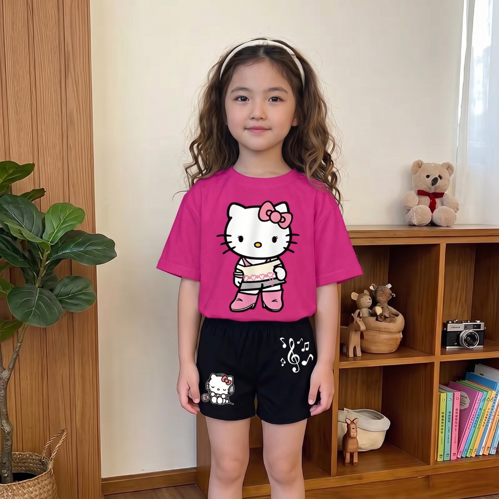 Hello Kitty Graphic Themed Mesh T Shirt And Shorts Outfit Set For Girls