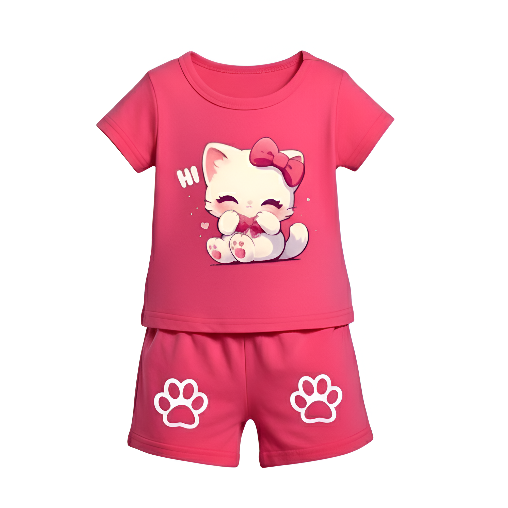 Cartoon Printed Short Sleeve Top And Shorts Set For Girls