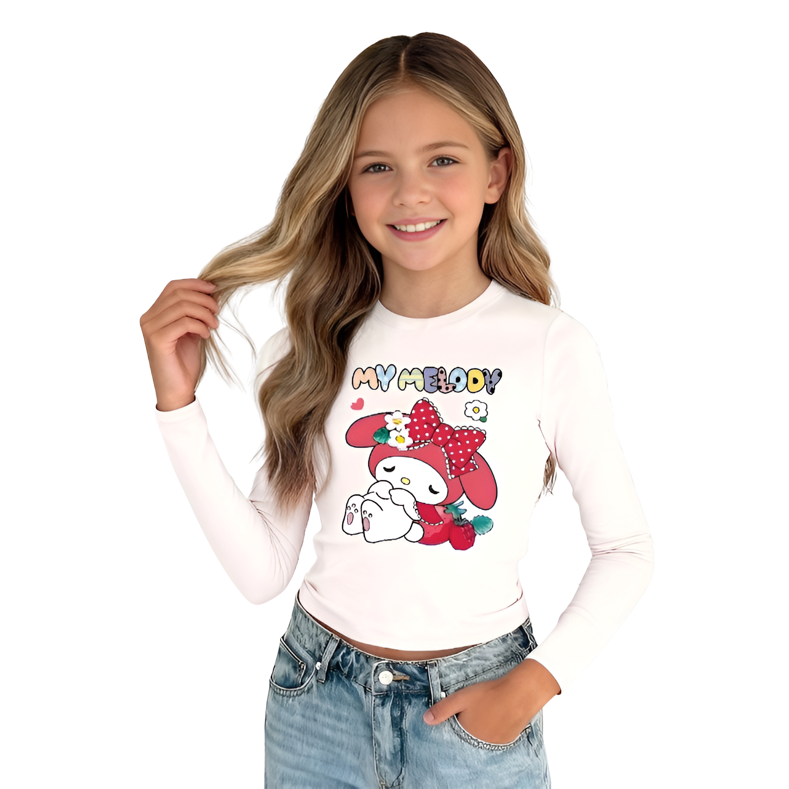 My Melody Cartoon Printed Crop T Shirt With Long Sleeves For Girls