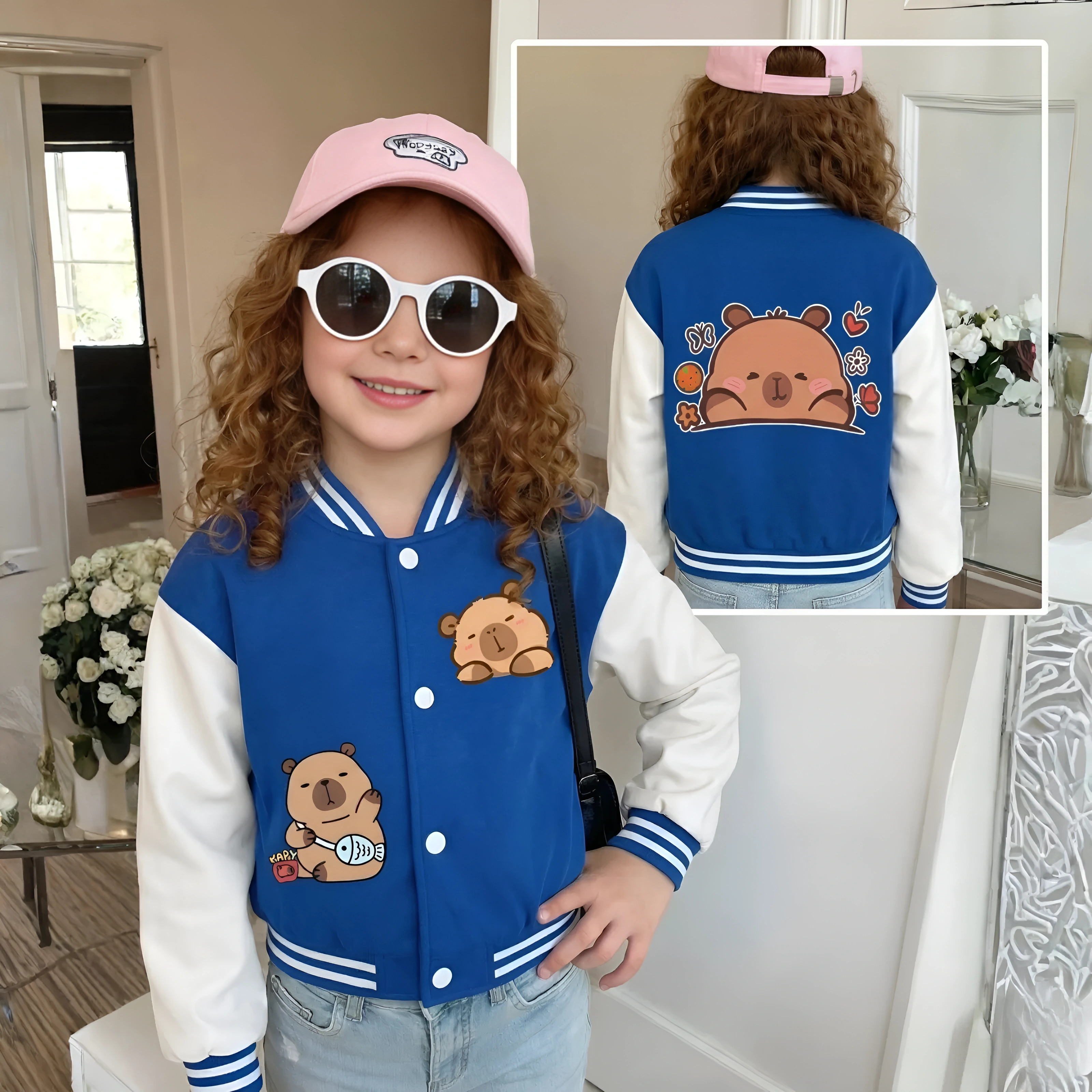 Capybara Graphic Print Baseball Jacket With Snap Closure For Girls