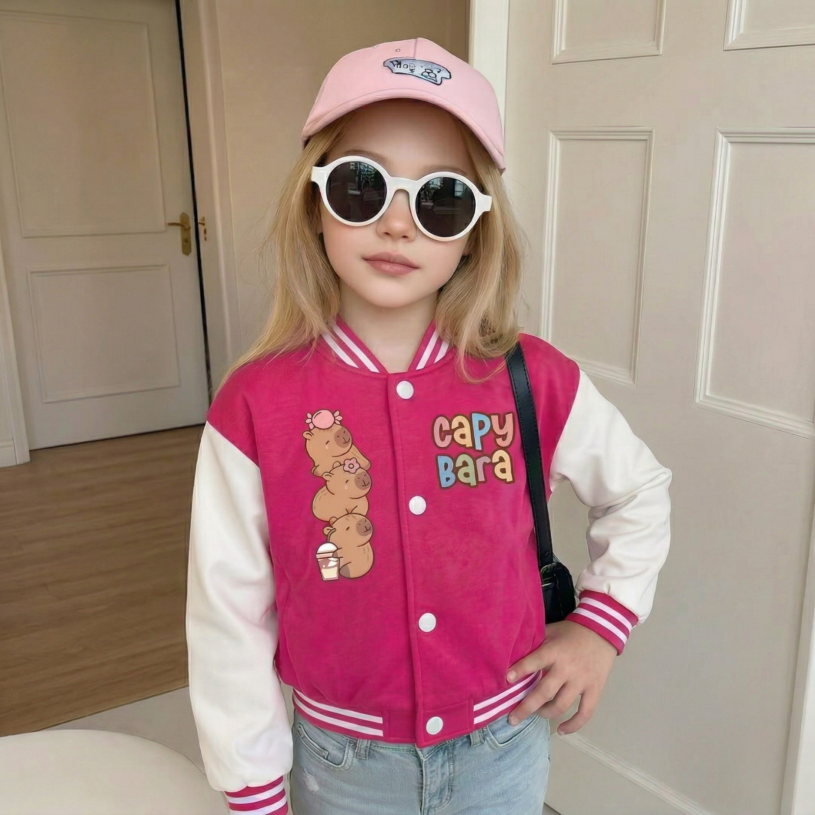 Capybara Character Printed Casual Jacket With Snap Closure For Girls