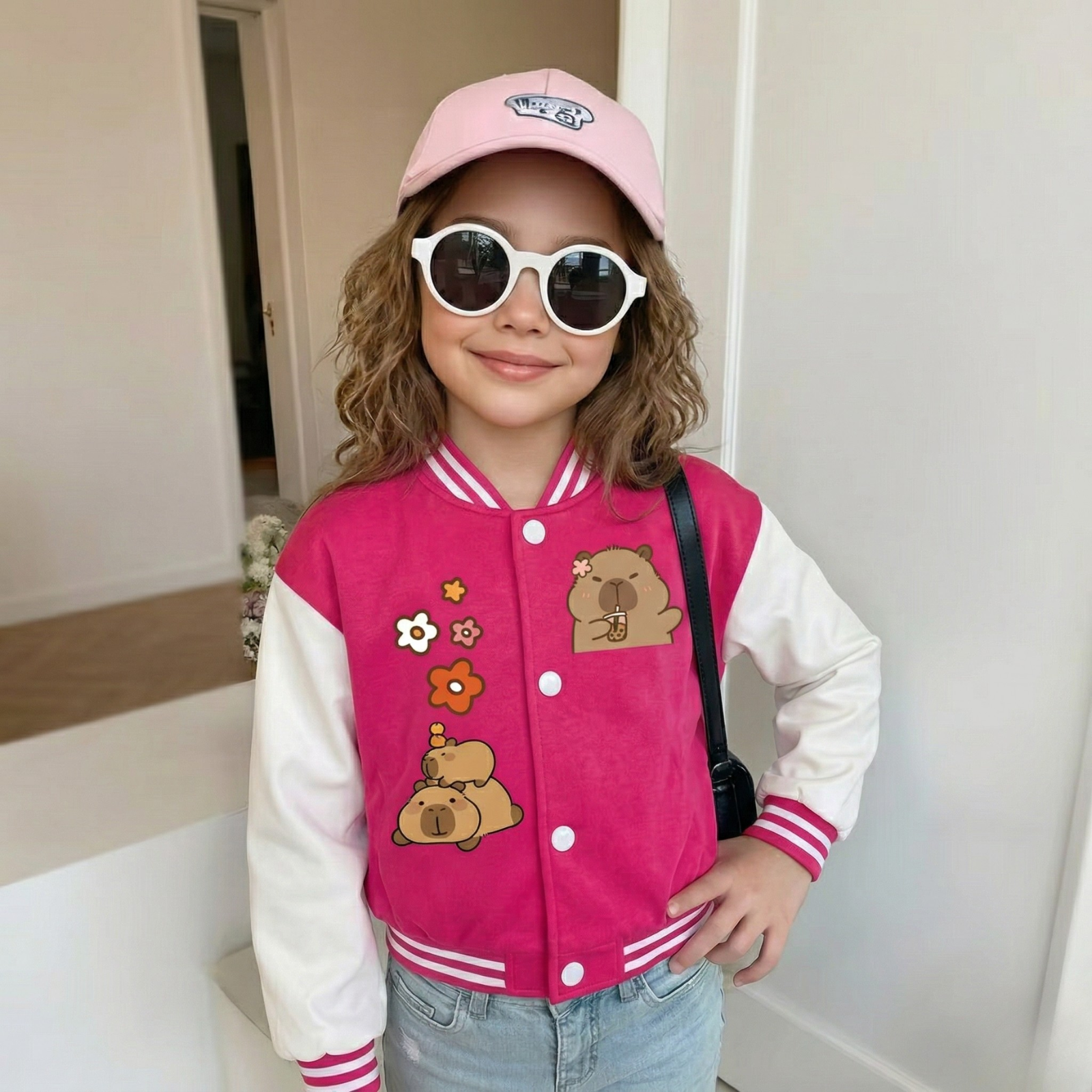 Capybara Cartoon Multi Print Baseball Jacket With Snap Closure For Girls
