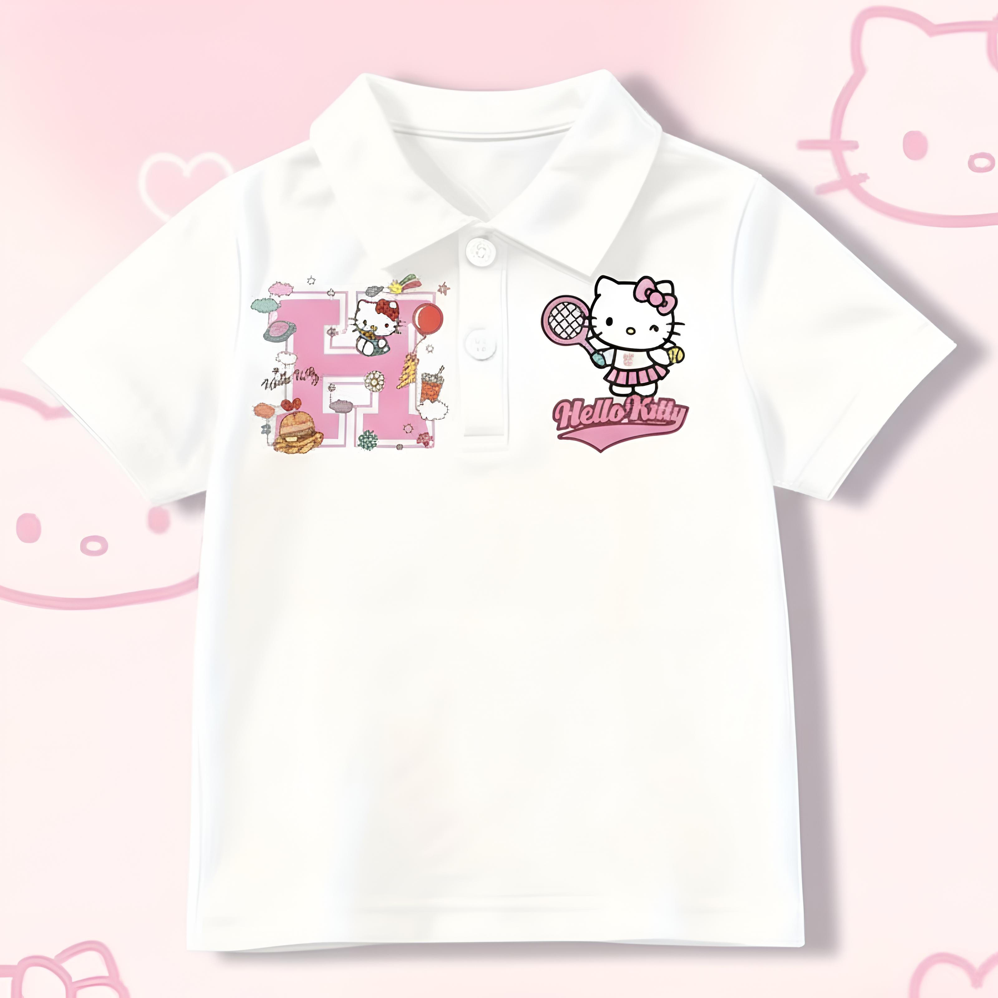 Hello Kitty Double Sided Cartoon Print Casual Polo T Shirt For Girls