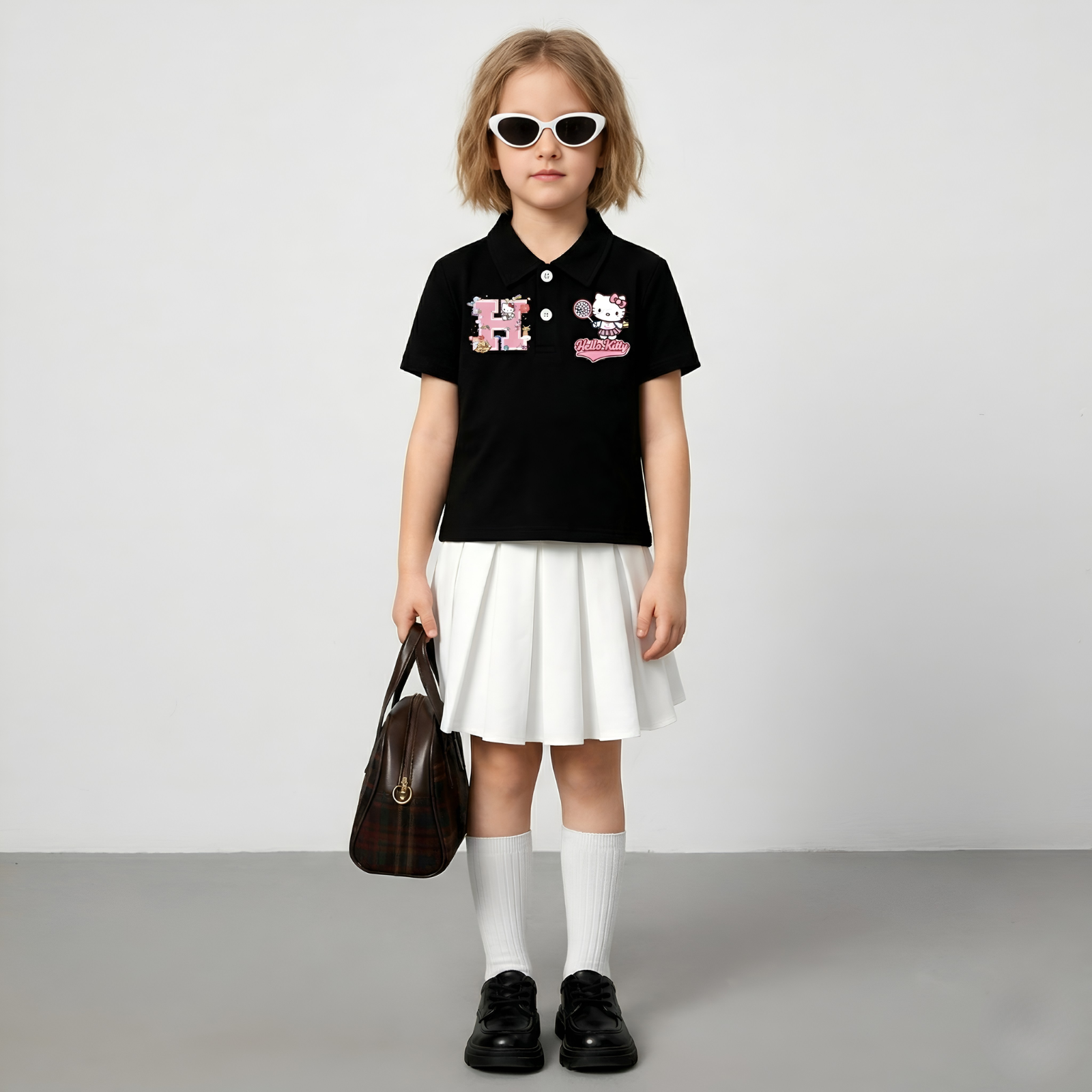 Hello Kitty Double Sided Cartoon Print Casual Polo T Shirt For Girls