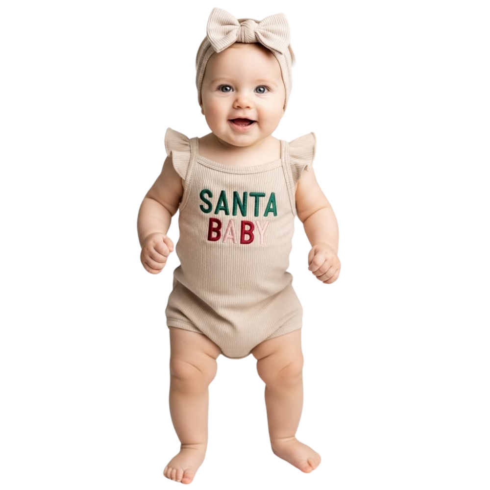 Santa Baby Printed Girls Corduroy Ruffle Bodysuit And Bow Headband Set