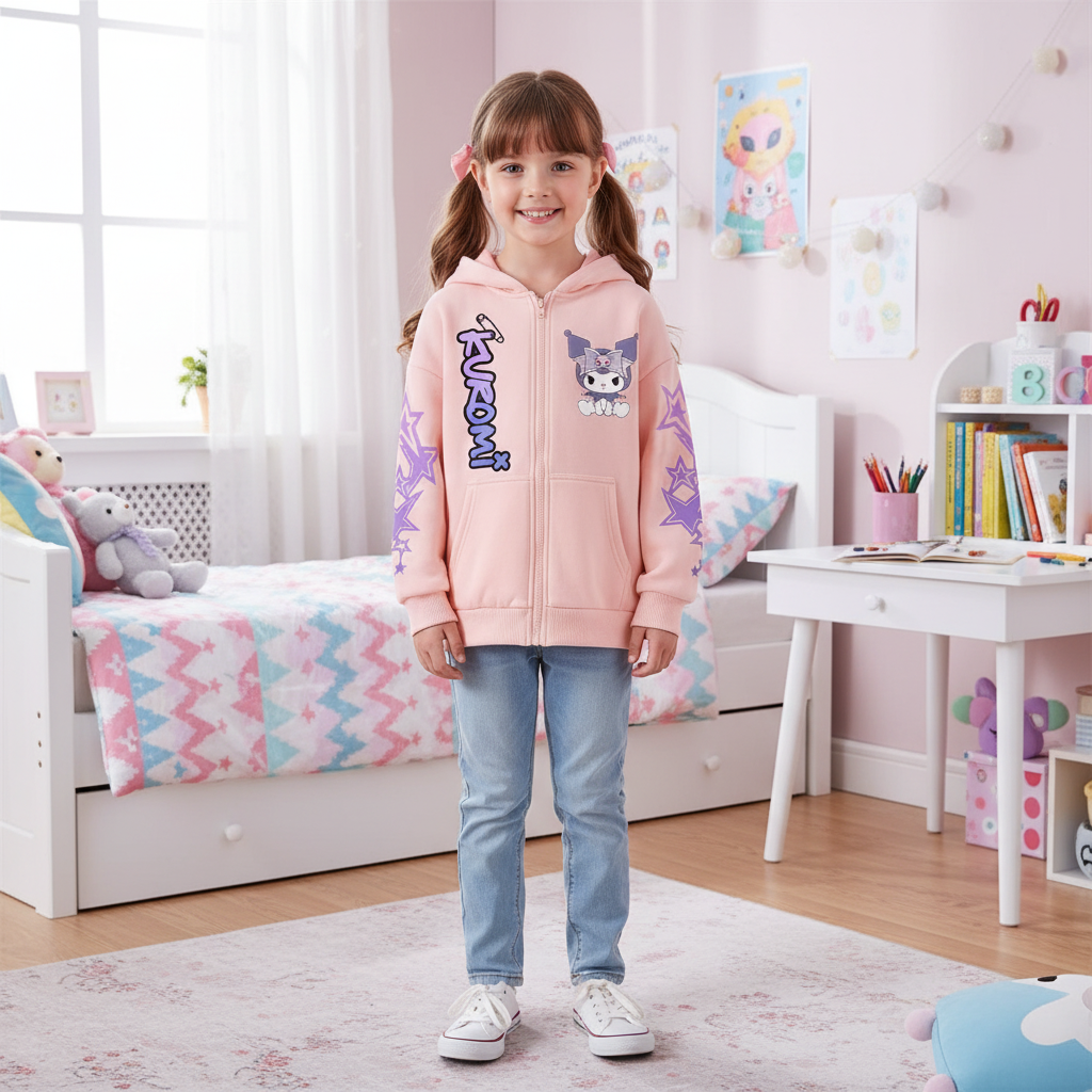 Kuromi Cartoon Graphic Print Hooded Sweatshirt For Girls Winter Wear