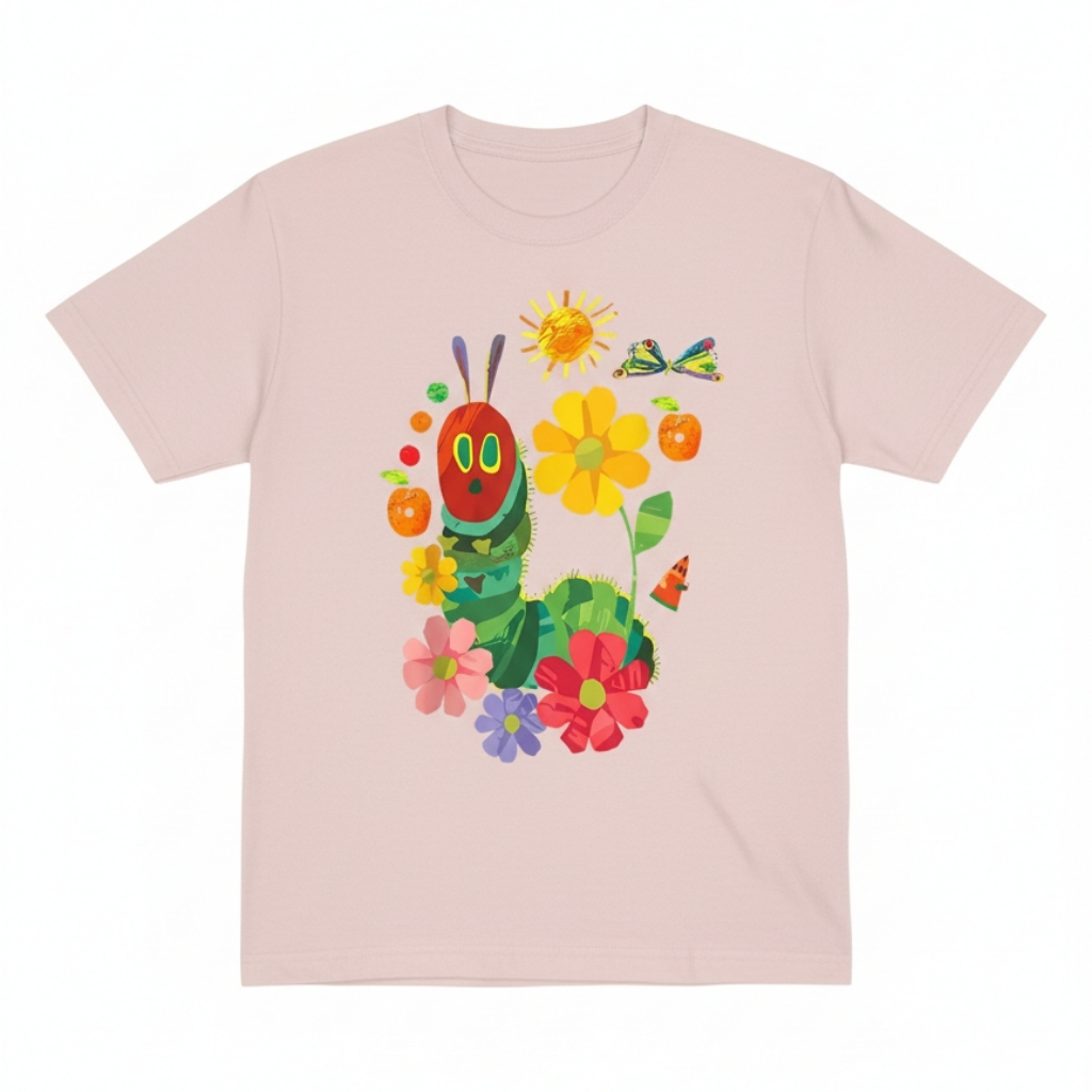Vibrant Cartoon CATERPILLAR And Floral Butterfly Print T Shirt 
