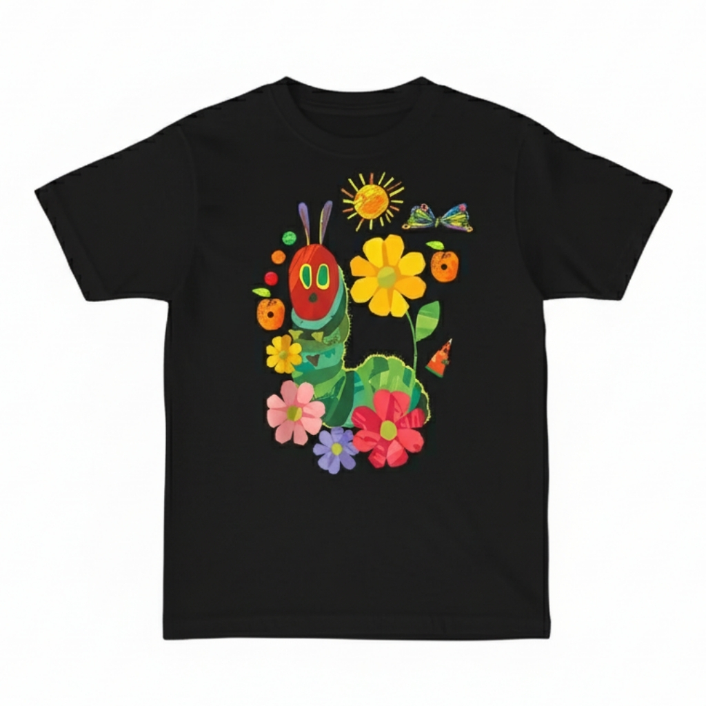 Vibrant Cartoon CATERPILLAR And Floral Butterfly Print T Shirt 
