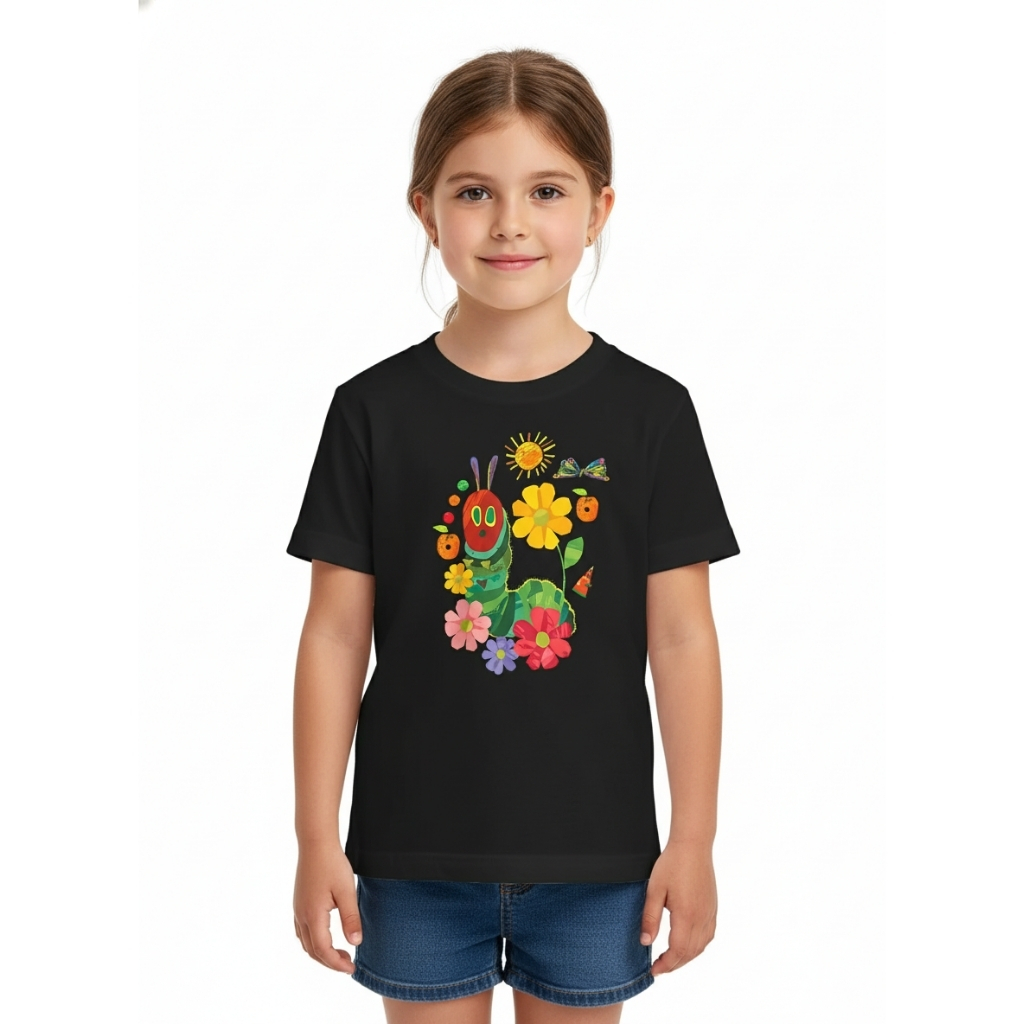 Vibrant Cartoon CATERPILLAR And Floral Butterfly Print T Shirt 