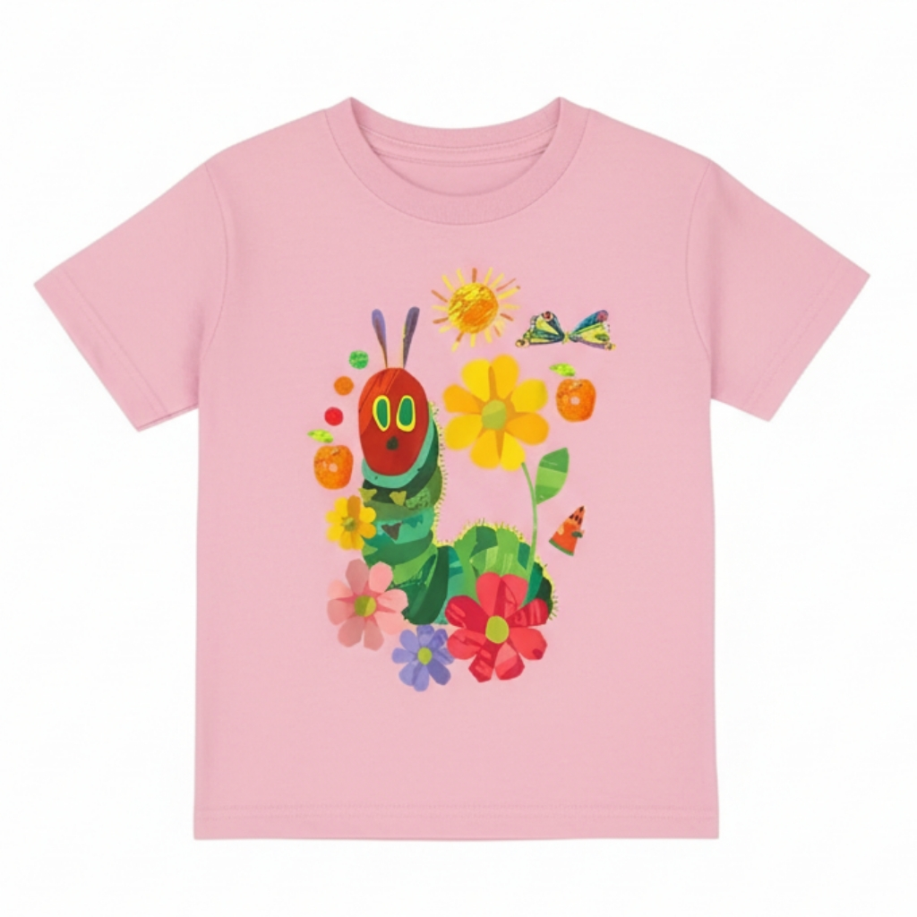 Vibrant Cartoon CATERPILLAR And Floral Butterfly Print T Shirt 