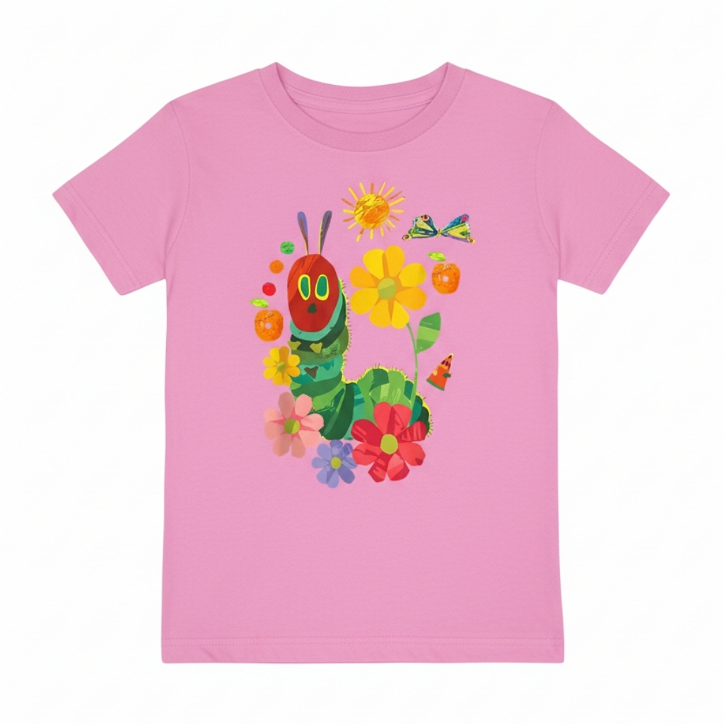 Vibrant Cartoon CATERPILLAR And Floral Butterfly Print T Shirt 