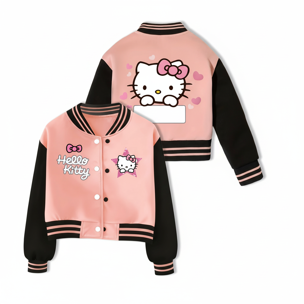 Customized Baseball Jacket With Hello Kitty Print Design For Girls 