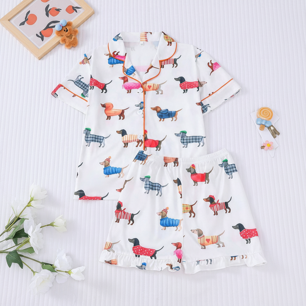 2 Piece Dog Print Sleepwear Shirt And Shorts Pajama Set For Kids