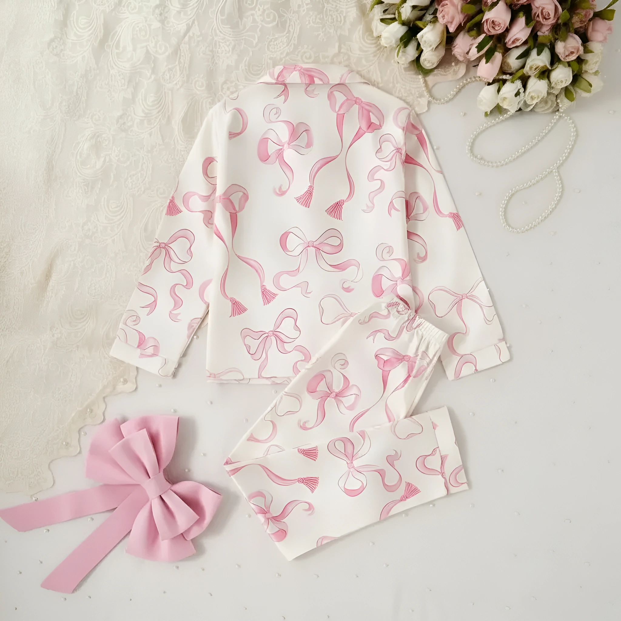 2 Piece Bow Printed Pajama Set With Long Sleeve Shirt And Pants For Girls
