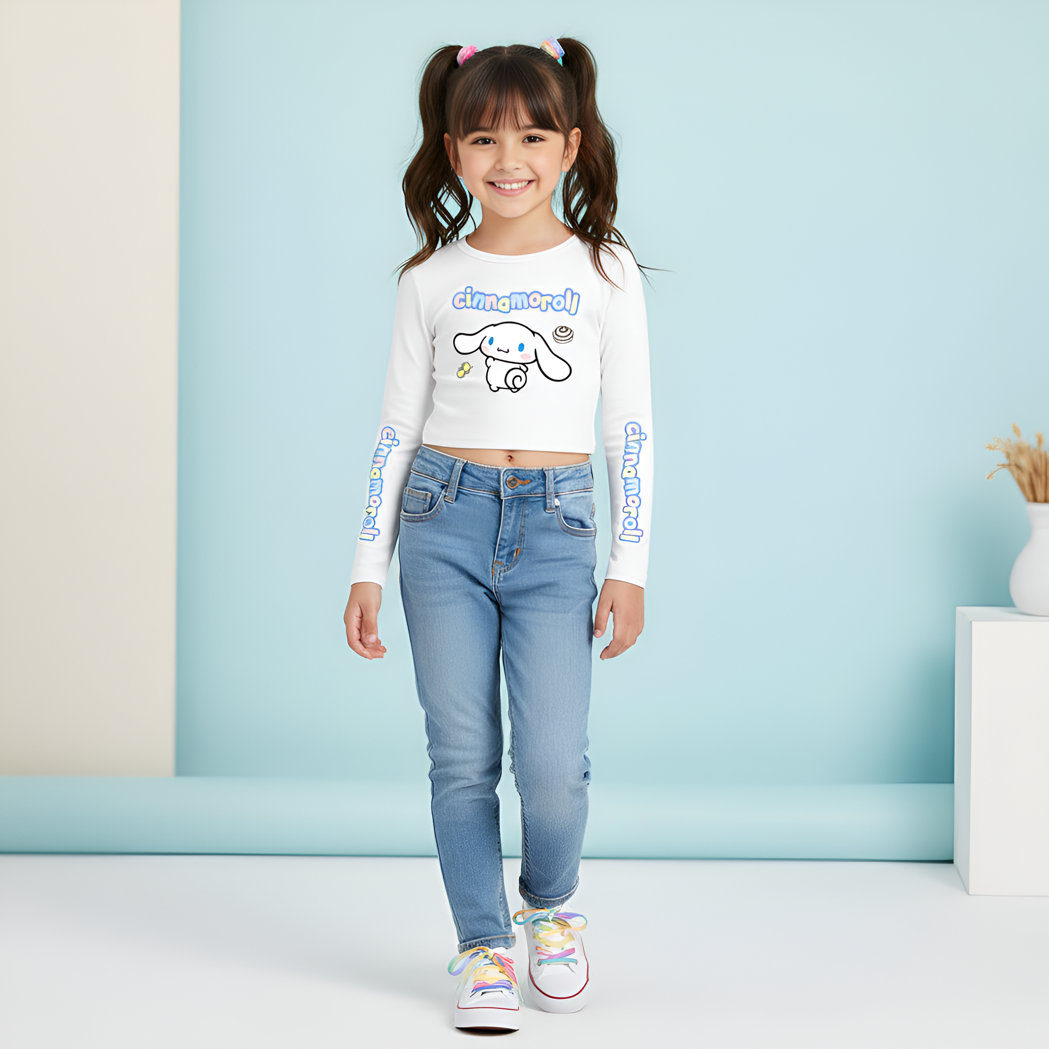 Cinnamoroll Cartoon Print Long Sleeve Casual Crop T Shirt For Girls