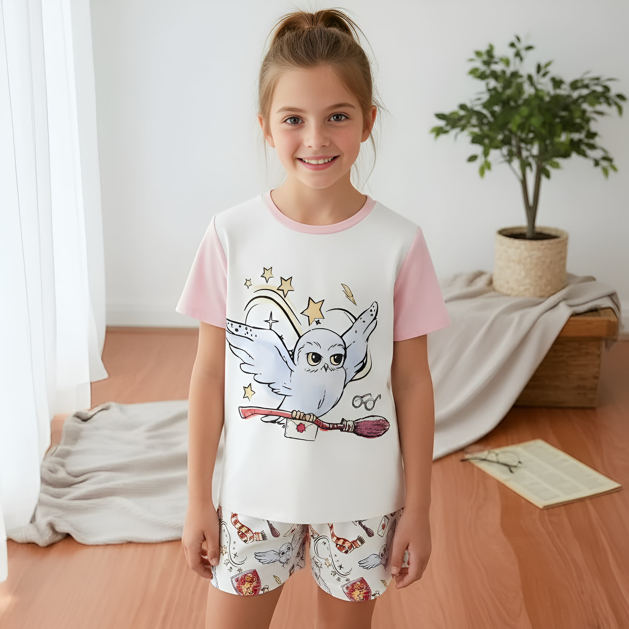2 Piece Owl Printed Pajama Set With T Shirt And Shorts For Girls