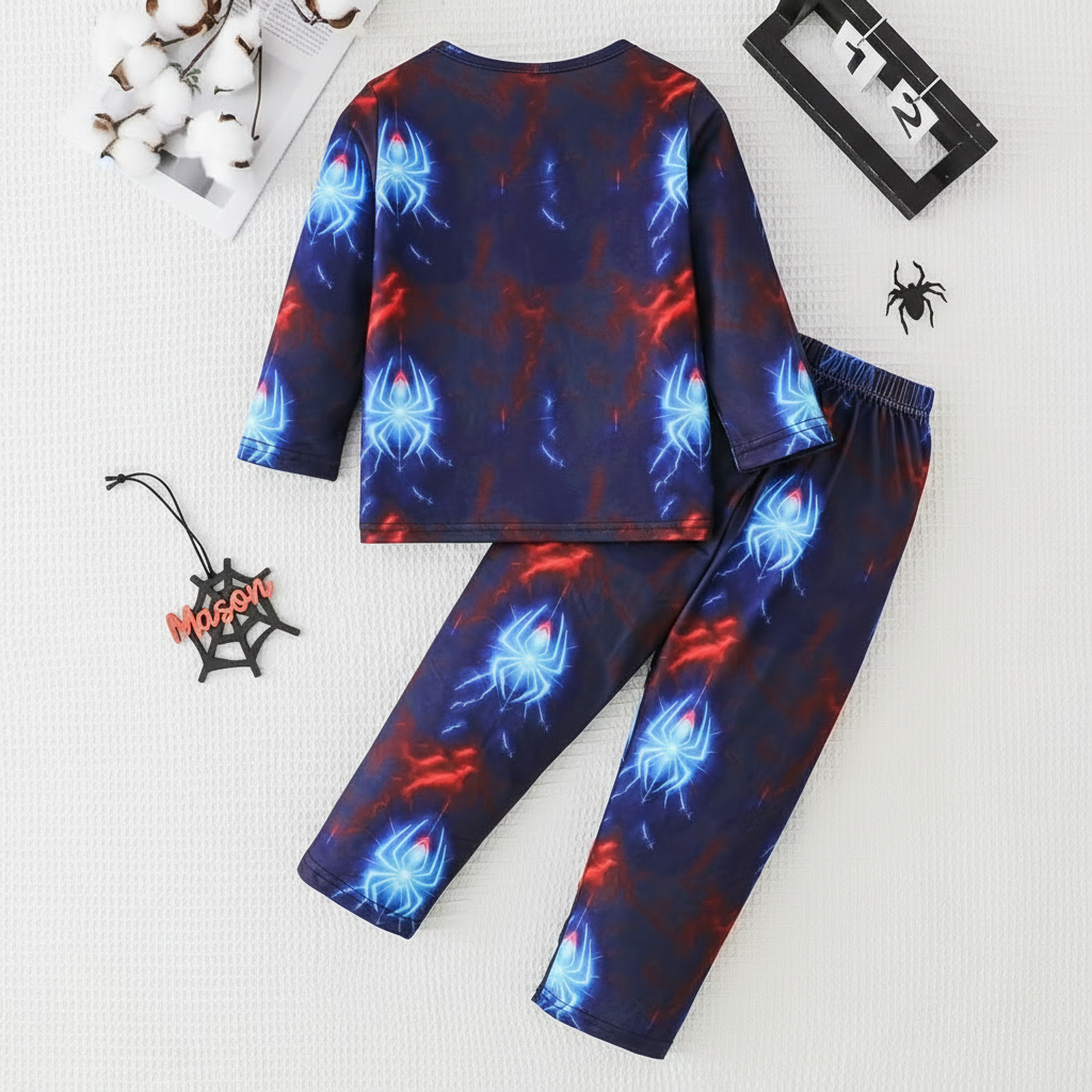 Long Sleeve T Shirt And Pant Set With Spider Design For Boys