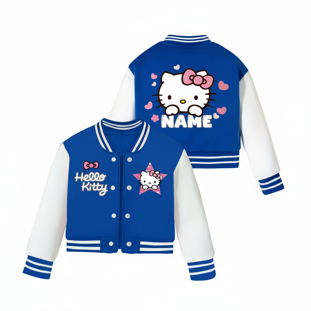 Customized Baseball Jacket With Hello Kitty Print Design For Girls 
