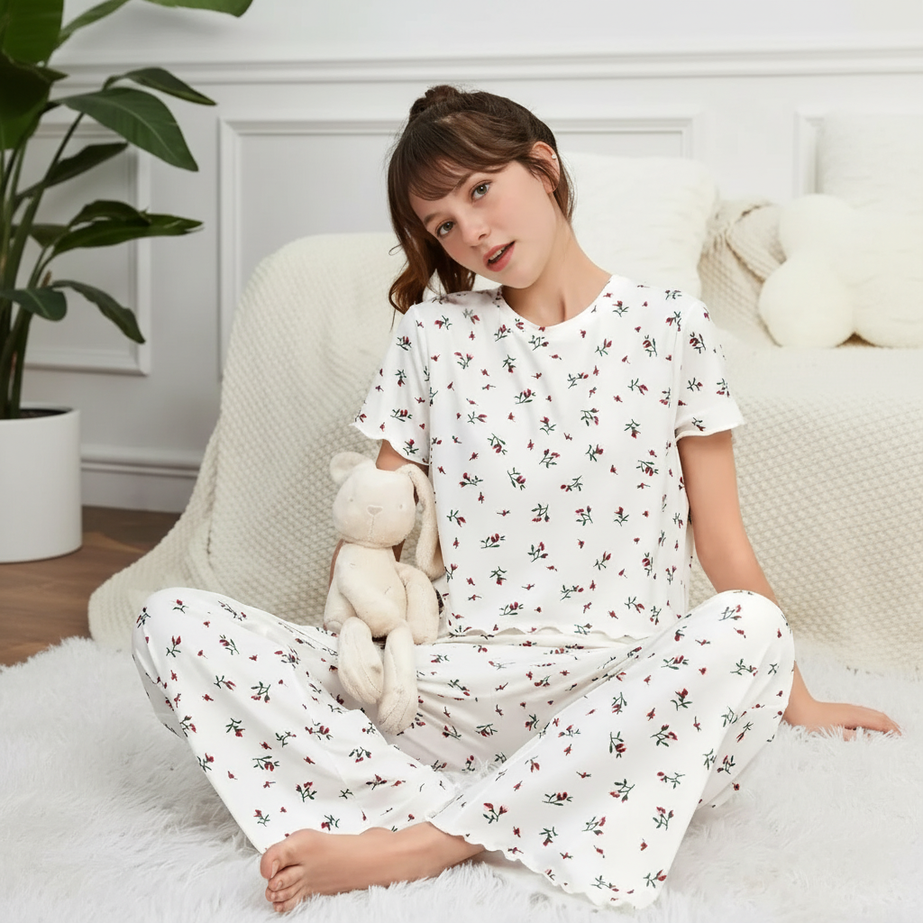 2 Piece Floral Printed Pajama Set With T Shirt And Long Pants For Girls