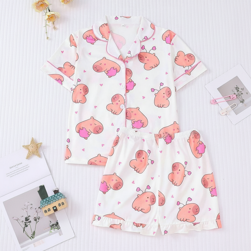 2 Piece Cartoon Pig Print Short Sleeve Shirt And Shorts Pajama Set For Kids