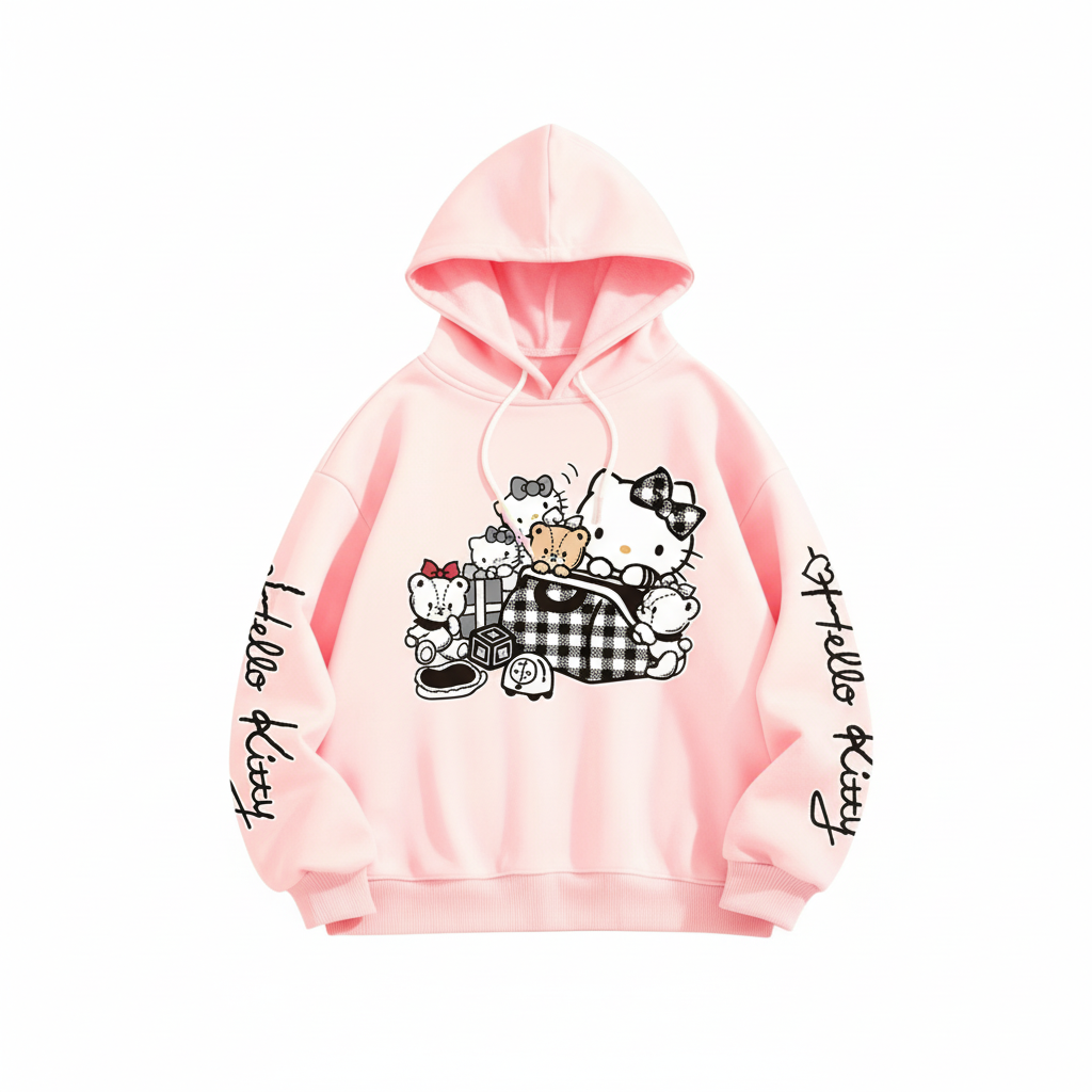 Casual Hooded Sweatshirt With Hello Kitty Design Printed