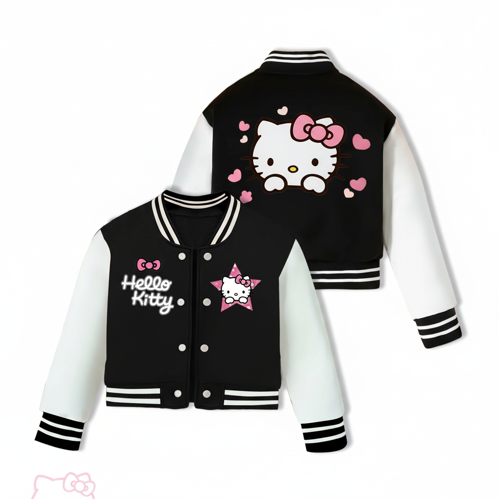 Customized Baseball Jacket With Hello Kitty Print Design For Girls 