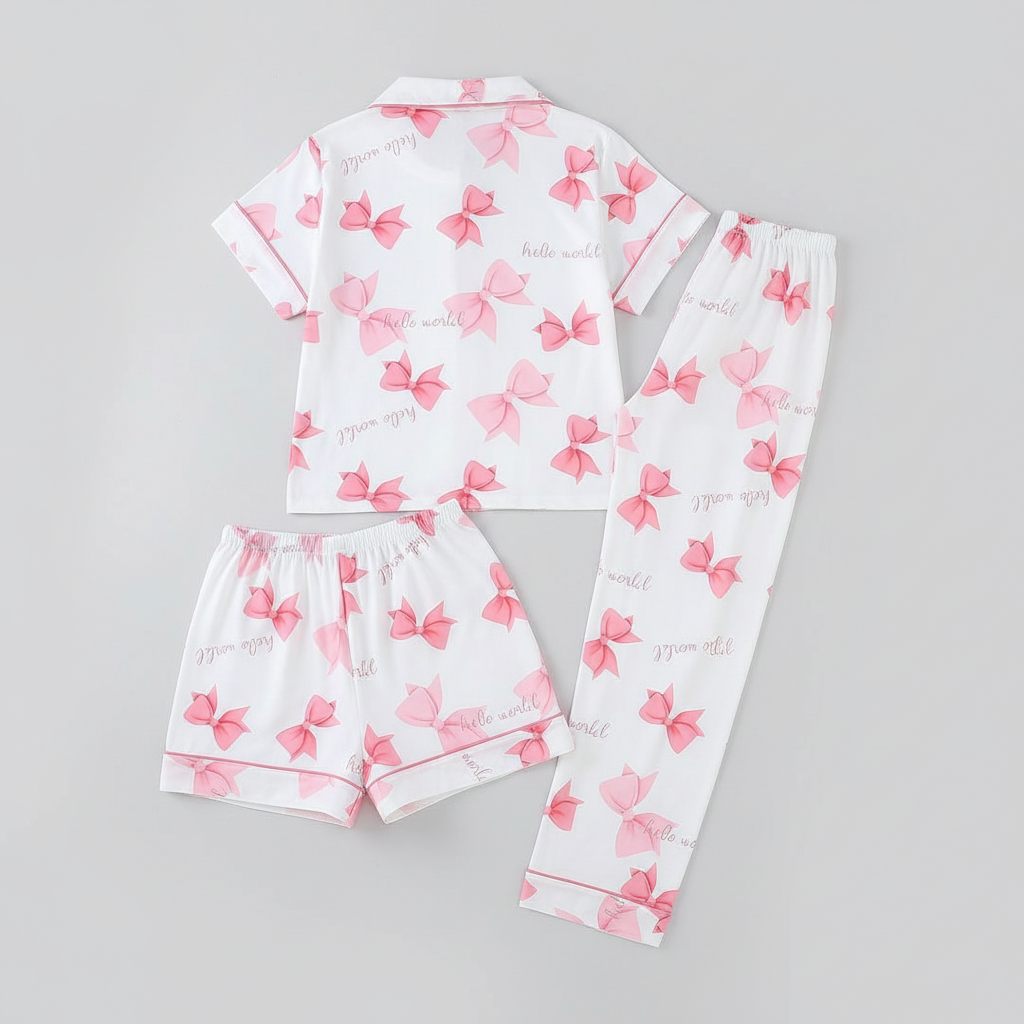 Bow Printed Pajama Set With Button Front Shirt And Long Pants And Shorts For Girls