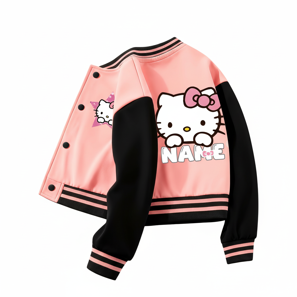 Customized Baseball Jacket With Hello Kitty Print Design For Girls 