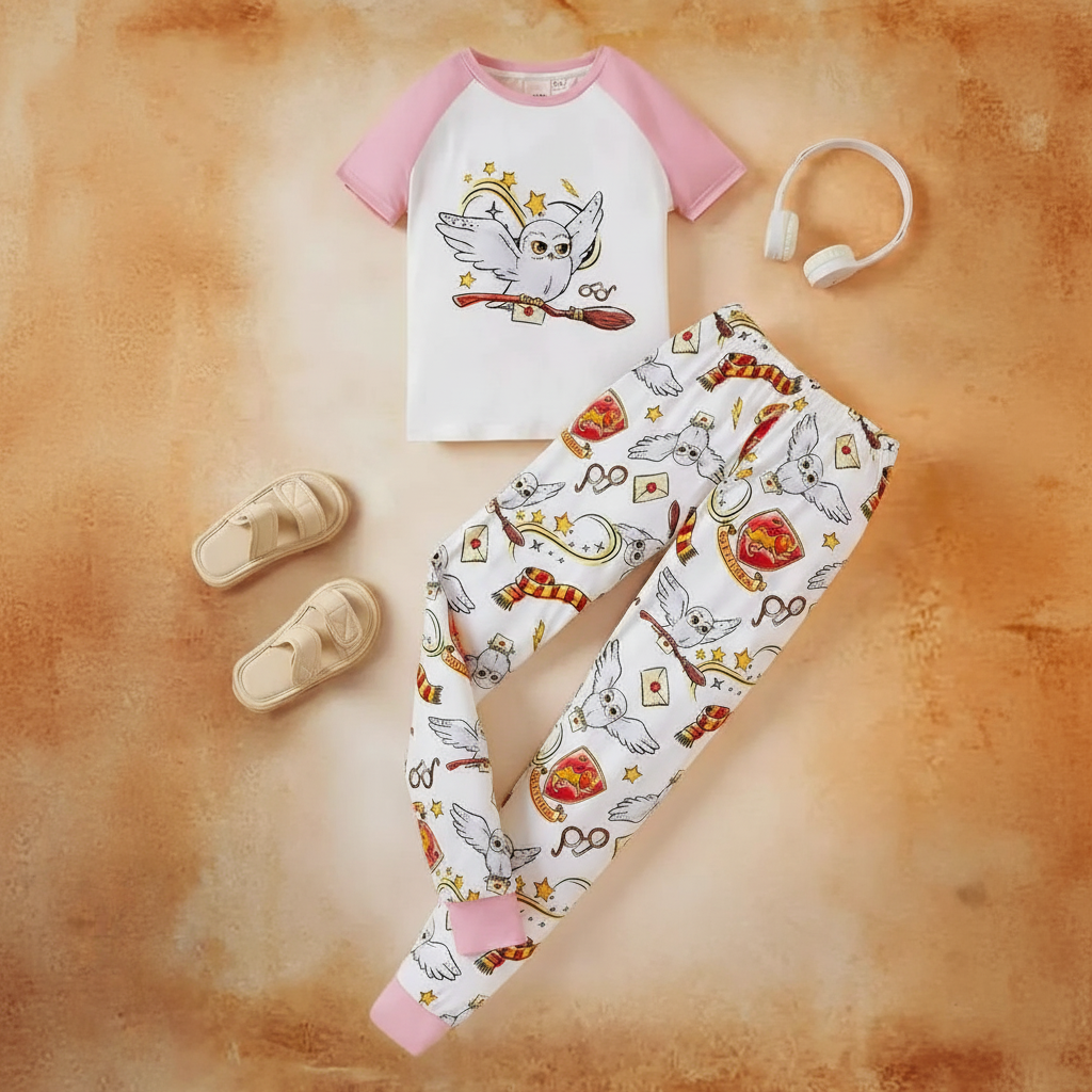 Cartoon Owl Printed Sleepwear Set With Soft Top And Gryffindor Style Pants