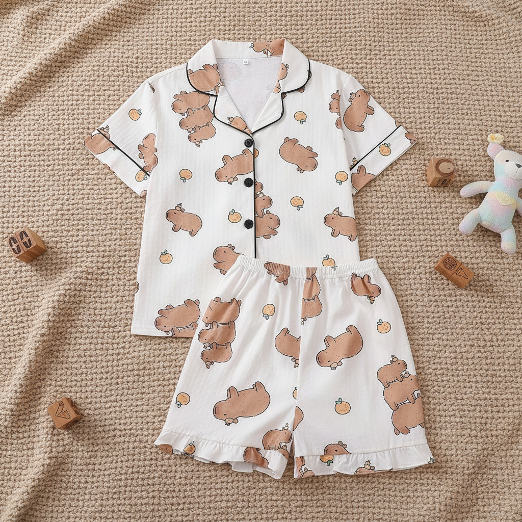 Capybara Cartoon Print Lightweight Short Sleeve And Shorts Pajama Set For Kids