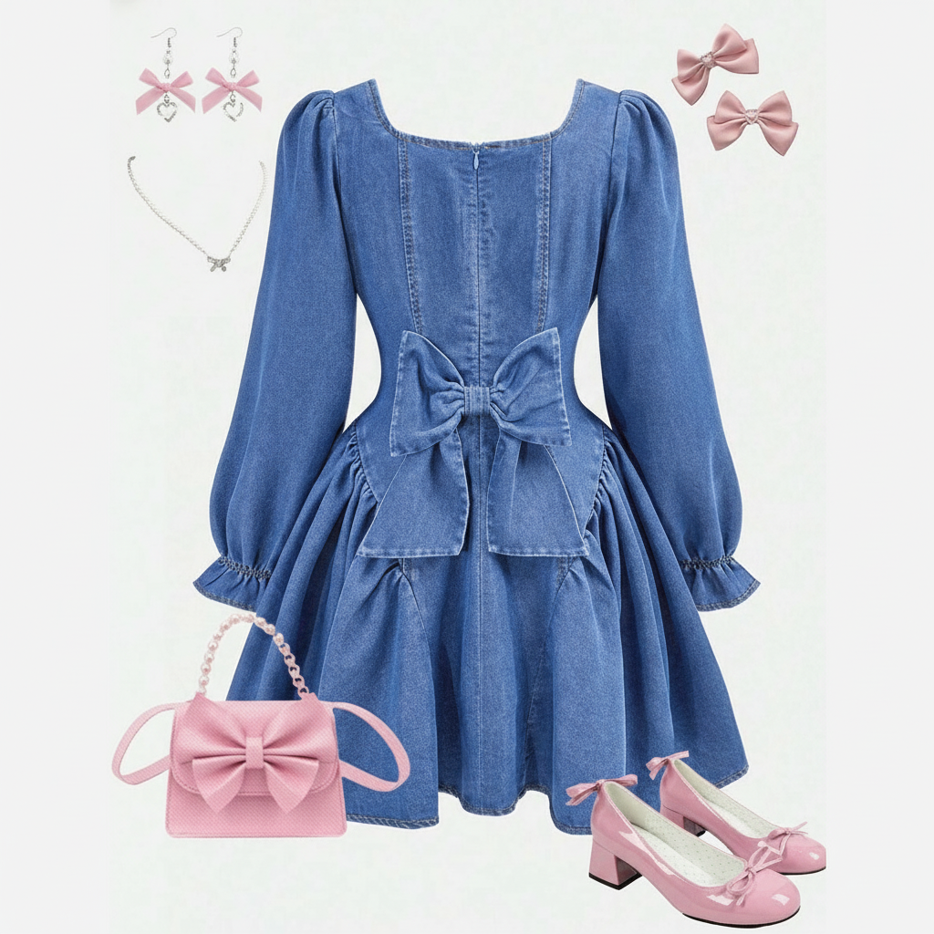 3D Bow Decor Denim Romper