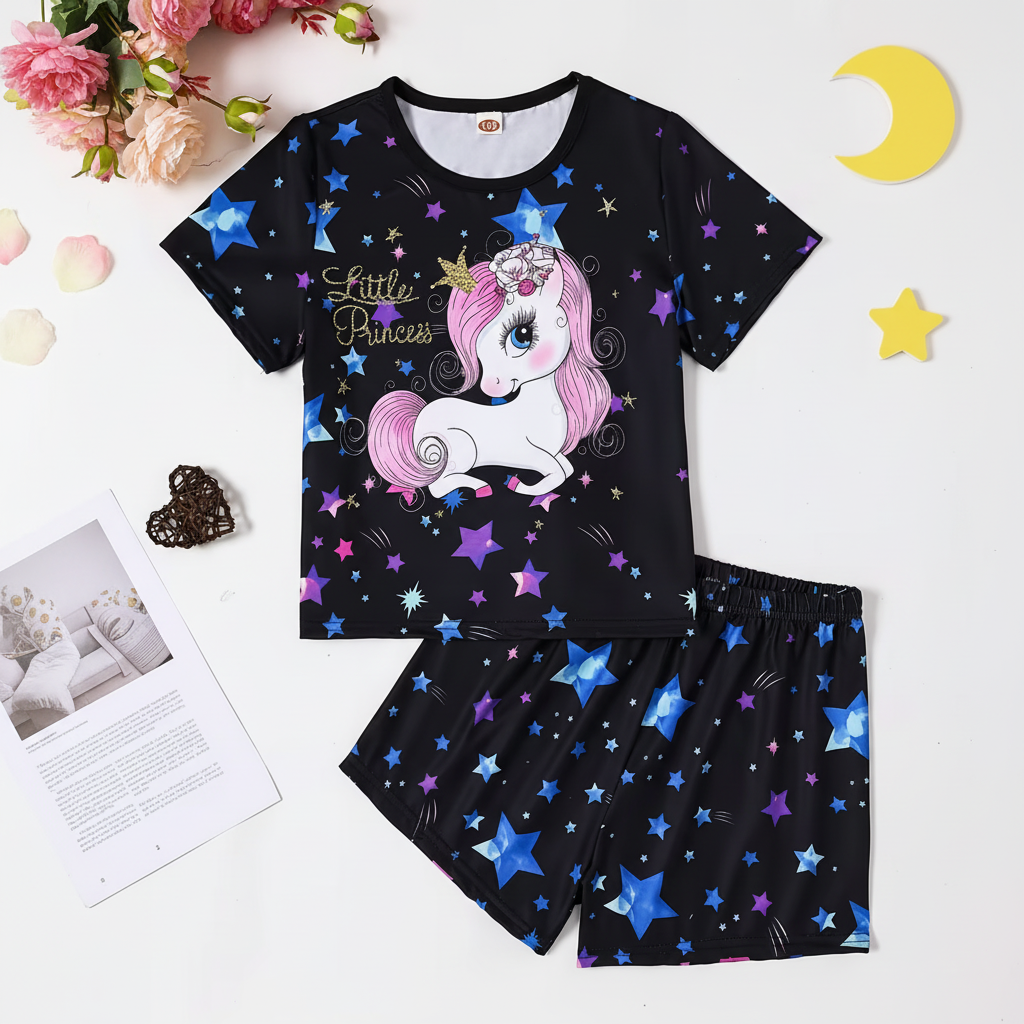 Luminous Unicorn With Sparkling Stars Pajama Set For Girls