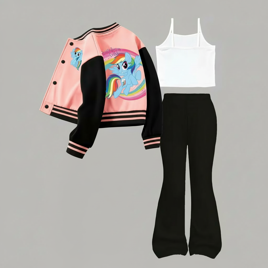 Little Pony Inspired 3 Piece With Top Jacket And Flared Pants Set