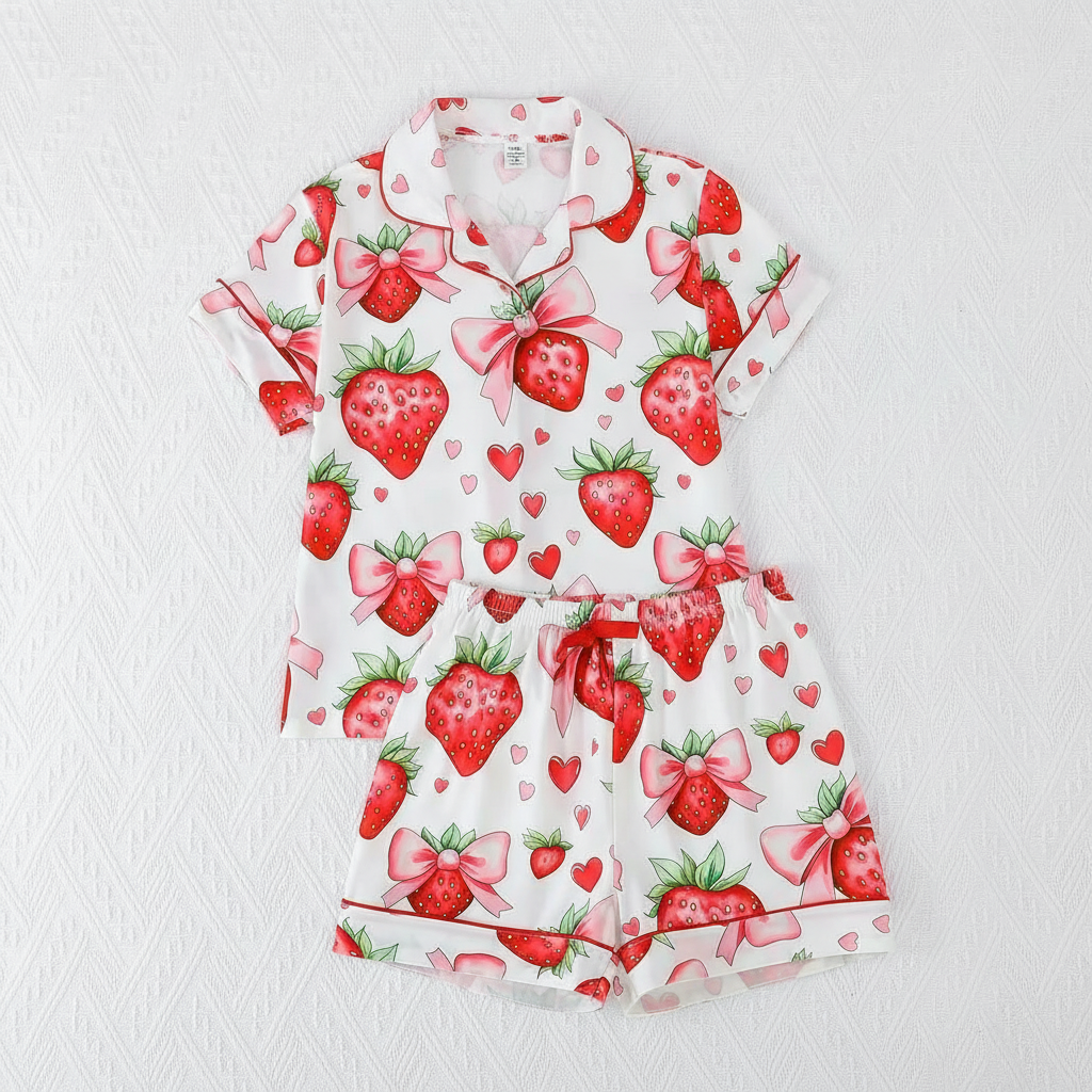 2 Piece Strawberry Print Short Sleeve Shirt And Shorts Pajama Set For Kids
