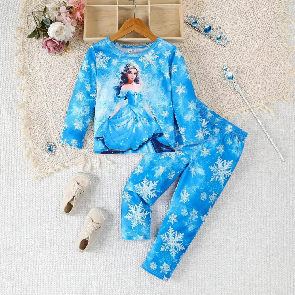 Princess And Snowflake Theme Pajama Set For Girls