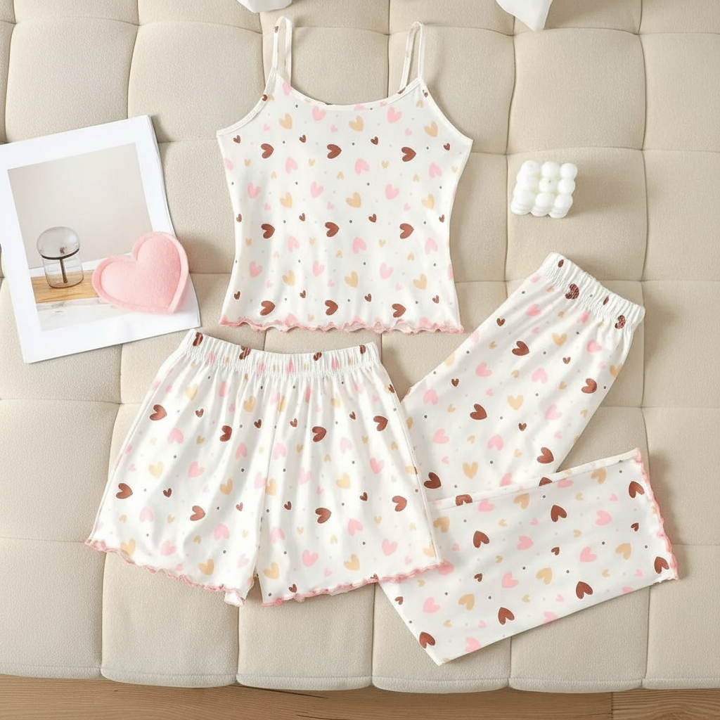 3 Pieces Knit Loungewear Set With Camisole And Pants For Girls