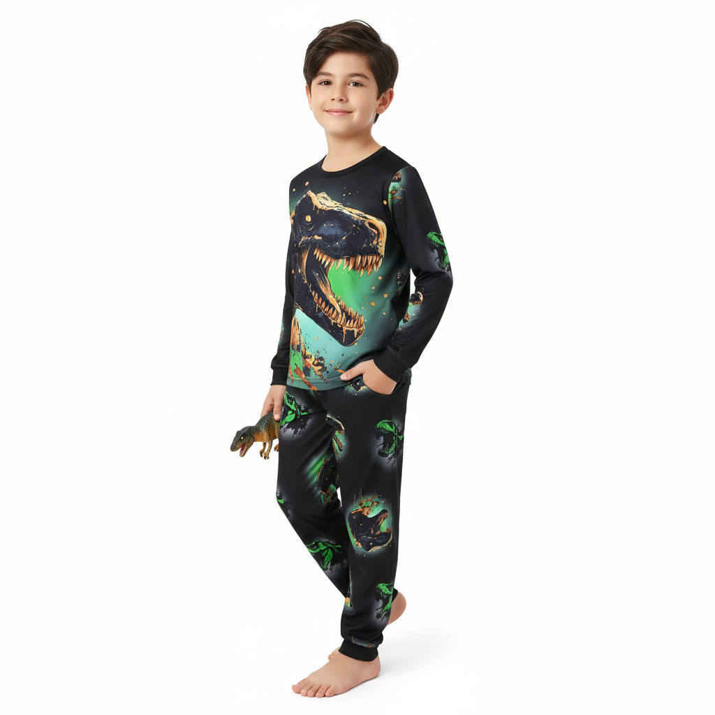 Long Sleeve Dinosaur Print Pajama Set For Boys