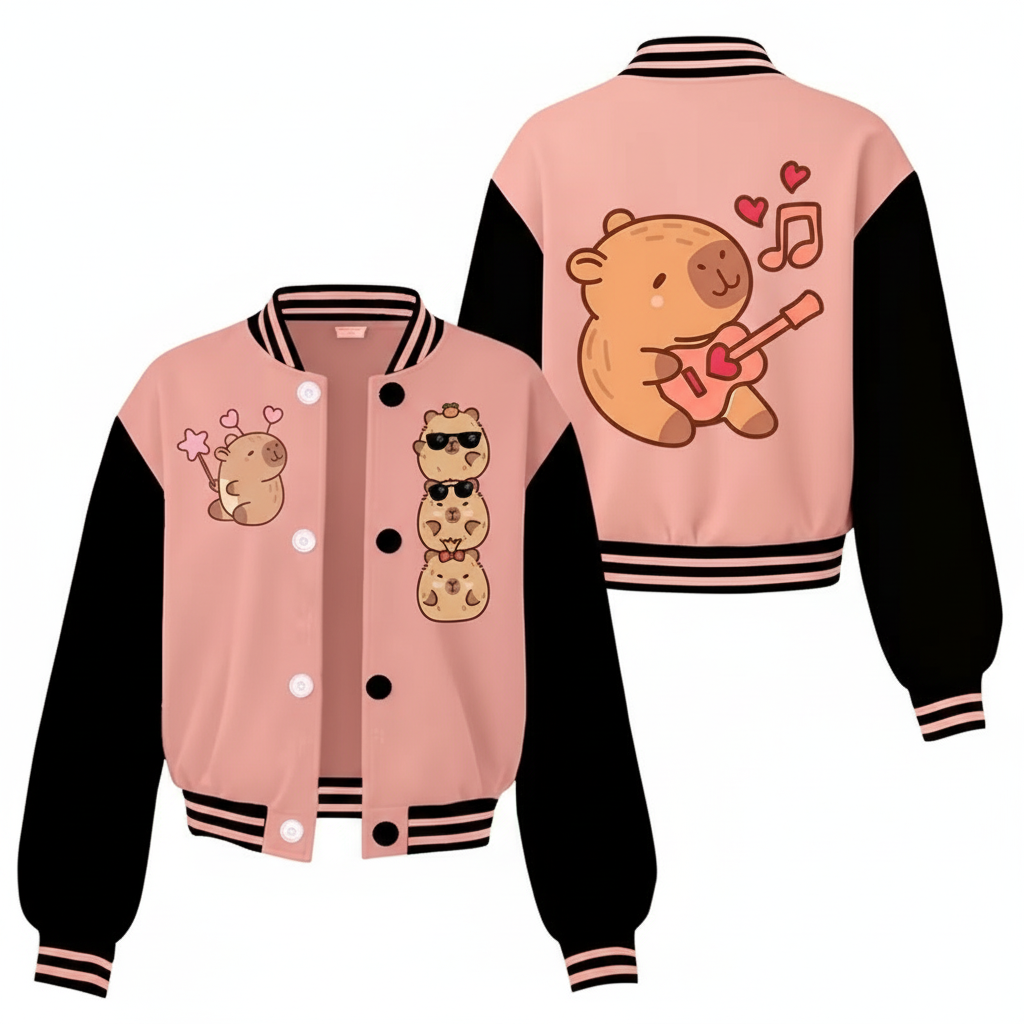 Stylish Capybara Themed Girls Baseball Jacket For Everyday Wear