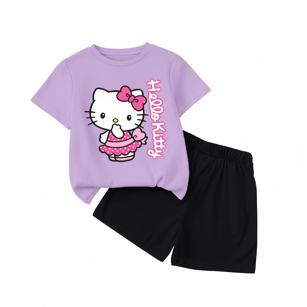 Hello Kitty Double Sided Print T Shirt And Shorts Set For Girls