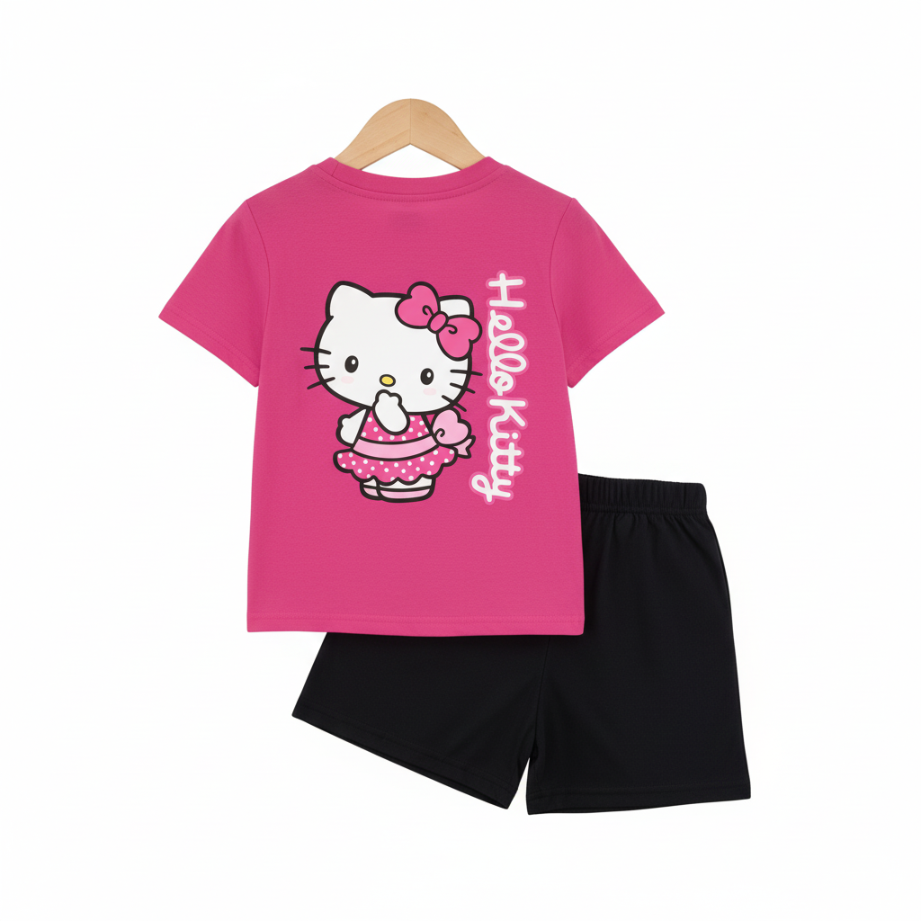 Hello Kitty Double Sided Print T Shirt And Shorts Set For Girls